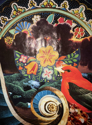 time spiral collage with bird